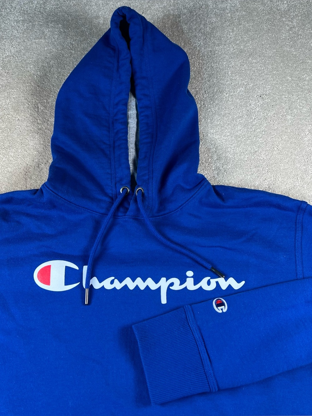 Champion Hoodie Sweatshirt Blue White Logo Casual Pullover Men's medium